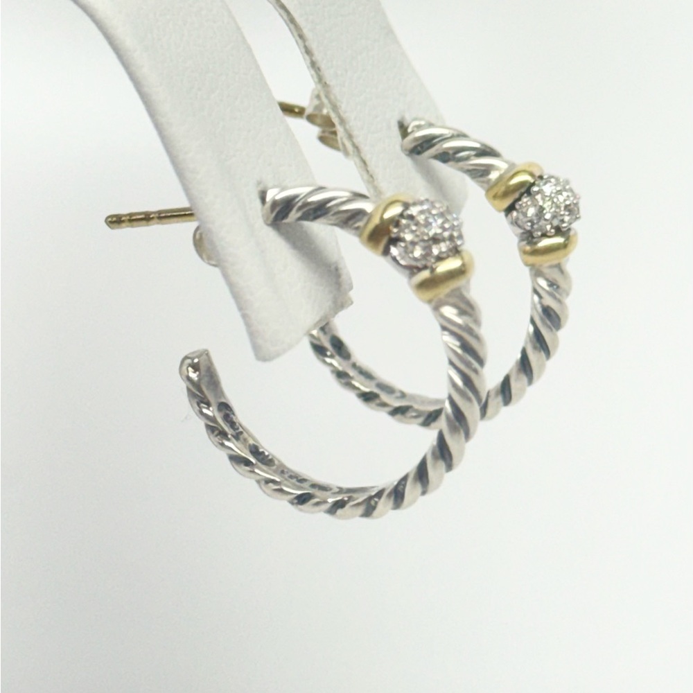 David Yurman Petite Diamond Ball Semi Hoop Earrings .925 / 18K Gold - Picture 5 of 11